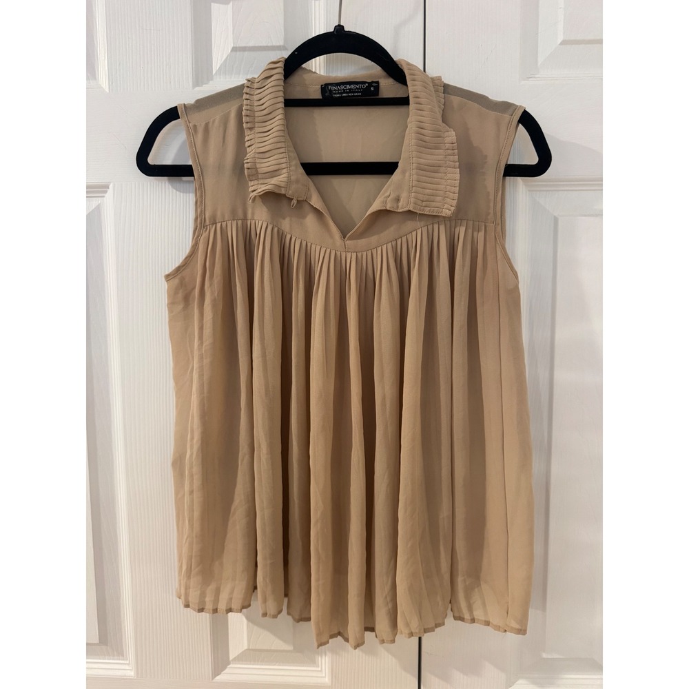 Rinascimento Italy Tan Pleated Accordion Collar Sleeveless Babydoll Blouse S